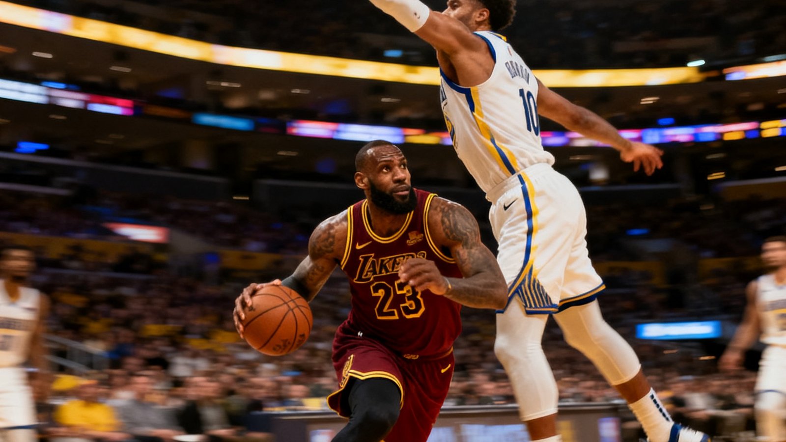 NBA赛场上勒布朗·詹姆斯持球突破上篮，防守球员全力跳起封盖，篮球划过指尖，球馆灯光璀璨夺目